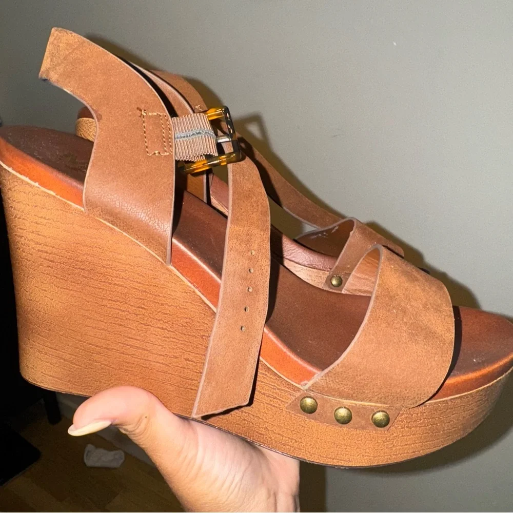 MIA Brown Leather Strappy Wedge Sandals